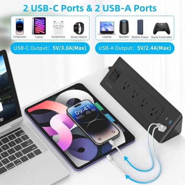 USB-C Desk Clamp Power Strip Charging Station – 4 Outlets, 4 USB-A Ports, 2 Socket Extension for Tabletop