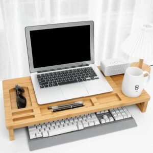 Hc5d8469ee0f54cd5aa74dd1b014211c5L.jpg BSTW Bamboo Laptop Table & Monitor Stand Tower – Eco-Friendly Height-Increasing Desk with Storage Rack for Home Office