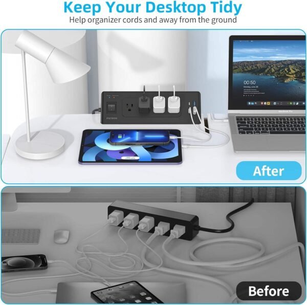 USB-C Desk Clamp Power Strip Charging Station – 4 Outlets, 4 USB-A Ports, 2 Socket Extension for Tabletop