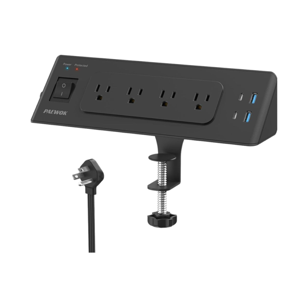 USB-C Desk Clamp Power Strip Charging Station – 4 Outlets, 4 USB-A Ports, 2 Socket Extension for Tabletop